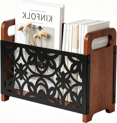 Multifunctionele krantenstandaard van hout, tijdschriftenhouder met handvat, opbergmand voor kantoor en thuis, 33 x 24 x 13 cm (zwart)