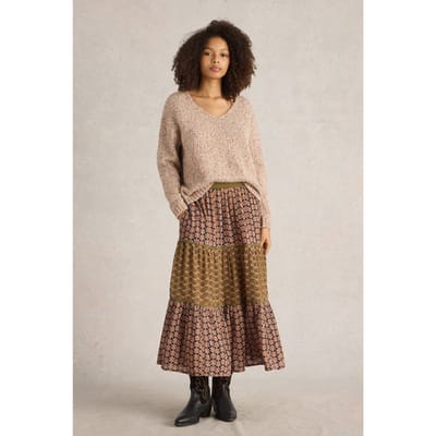 White Stuff Mabel Mixed Print Skirt Black Multi Maat: 6 REGULAR | Midi Rokken Outlet | Dames | Zwart