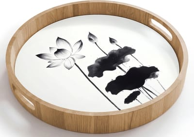 Dienblad rond 40x40 cm - Schootdienblad hout - Bladeren - Zwart - Lotusbloem - Minimalitisch - Borrelplank rechthoek - Plateau houten dienbladen