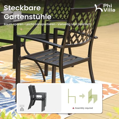 Tuinmeubelset 6 Personen 170x96x74 cm Zwart – Metalen Tuintafel met Parasolgat & Stapelbare Stoelen – Weerbestendig E-Coating – Moderne Tuinset voor Terras, Balkon & Tuin – Laura