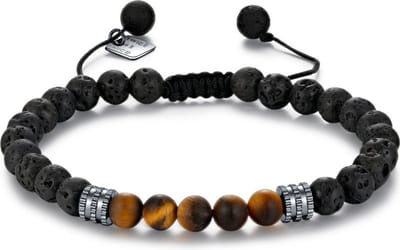 Twice As Nice Armband in edelstaal, zwarte lava natuurstenen, 5 tiger eye natuurstenen 19cm