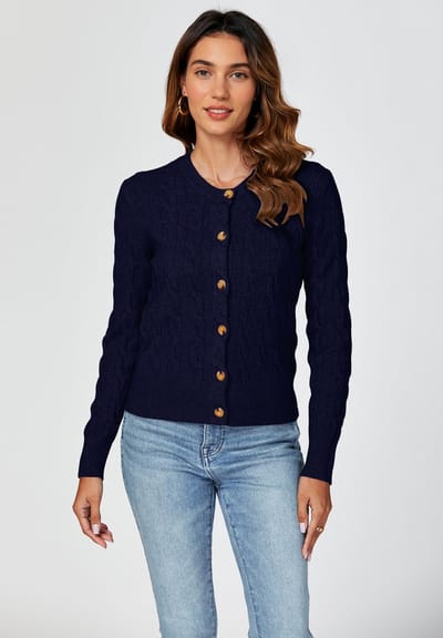 Kabelgebreide ronde hals cardigan in Marineblauw