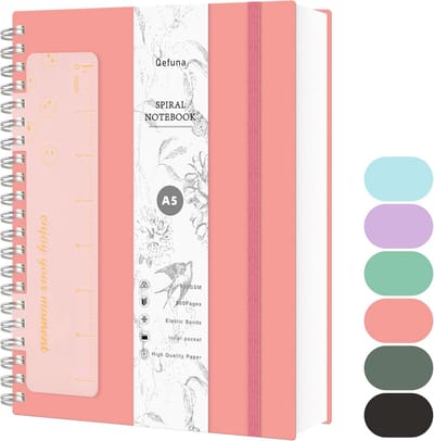 SnelShoppen - A5 Spiral Notebook - 300 pagina's - 100gsm Inktbestendig Papier - PVC Harde Kaft - Met Liniaal en Uitbreidbare Pocket - 14,5 x 21 cm - R