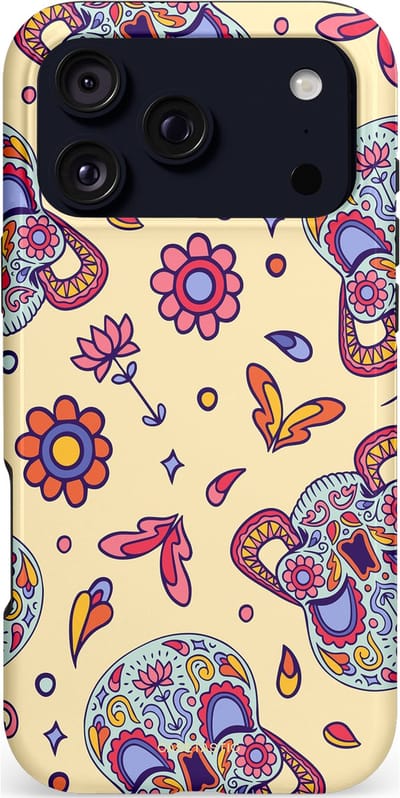 Casetastic hoesje geschikt voor Apple iPhone 17 Pro Max - MagSafe - Dubbellaagse bescherming - Dia de los Muertos Doodshoofd Bloemen - Fashion Case - Lila Crème Roze