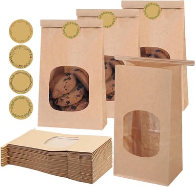 Kraft Papieren Zakjes met Duidelijk Venster - 30 Stuks, 9 x 6 x 17 cm, Herbruikbare Verpakkingen voor Brood, Snoep en Cadeaus met 48 Stickers