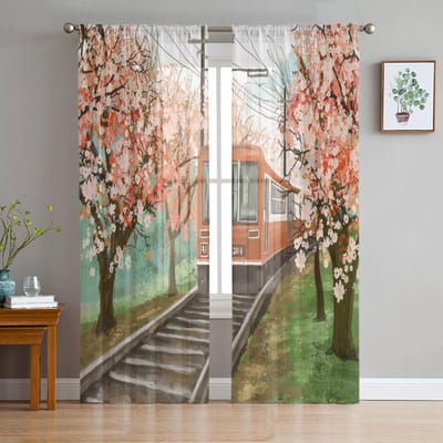 Aquarel Kersenbloesem Tule Gordijnen voor Woonkamer Slaapkamer Decoratie Chiffon Transparant Voile Keuken Raamgordijn Draperieën 1 PCS W100XH250cm&Grommet Top brown