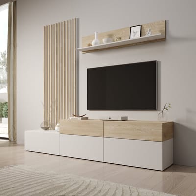 Meubella - Nobu - Wandmeubel - Wit/Eikenpatroon - 225x40x209 cm