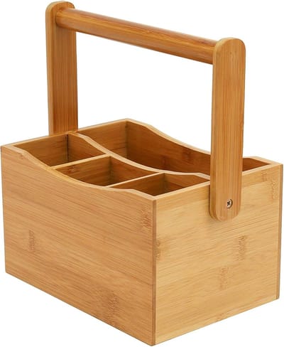 Famanu - Bamboo Mobile Caddy 4 Compartimenten, briefpapier organizer en keuken caddy, kunst en ambacht opslag, bestek en kruiden houder, 26x18x13,5 cm
