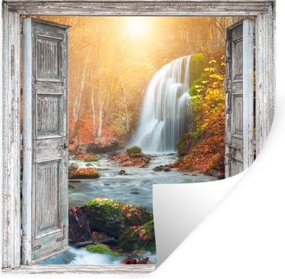 Muurstickers - Sticker Folie - Waterval - Doorkijk - Landschap - 100x100 cm - Plakfolie - Muurstickers Kinderkamer - Zelfklevend Behang XXL - Zelfklevend behangpapier - Stickerfolie