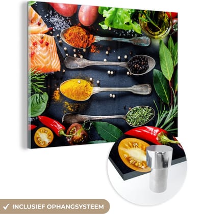 MuchoWow® Glasschilderij 120x90 cm - Schilderij acrylglas - Kruiden - Lepels - Keuken - Specerijen - Foto op glas - Schilderijen