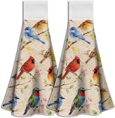 Dailygoods - WADORN 2 stuks vogels op tak keuken hangende handdoeken met lus, retro kardinaal kolibrie hand stropdas handdoek decoratieve thee bar drogen vaatdoeken zacht absorberend 30 x 30 cm voor thuis badkamer