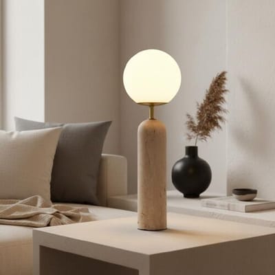 LUSENZ Naeva - Design Tafellamp Travertin voet met glazen bol 50 cm - Dressoir lamp - Japandi design - E27 fitting - Opaalglas - Met