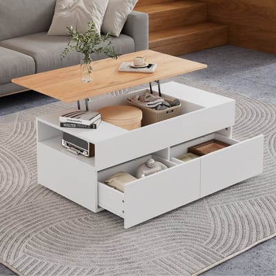 Wishdor Salontafel 100 x 50 x 40 cm van spaanplaat, verstelbaar blad met opbergruimte, 2 lades, wit/naturel