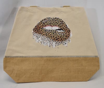 ZoeZo Design - big shopper - grote tas - tas - jute - katoen - met print - panter - lippen - Br 52 cm - H 40 - diep 17 cm - ecru - grijs - wit - geel
