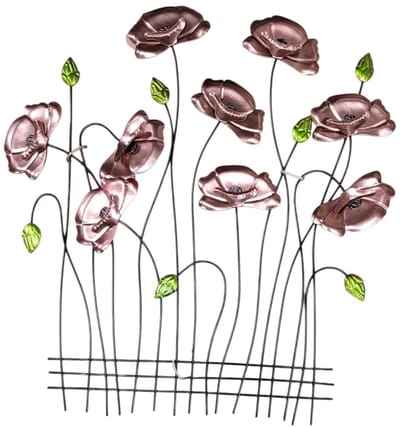 Wanddecoratie klaprozen 58x59cm metaal- Koper zwart groen voor binnen en buiten - muurobject