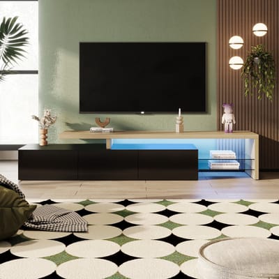 TV-meubel, asymmetrisch design TV-meubel, veel opbergruimte, hoogglanskleur, houtlook, glazen planken, instelbare LED-verlichting, lengte 200 cm (houtlook + zwart)
