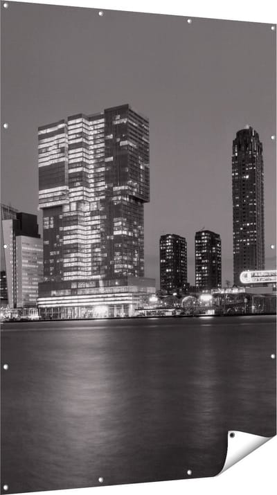 Gards Tuinposter Rotterdamse Skyline - Zwart Wit - 120x180 cm - Tuindoek - Tuindecoratie - Wanddecoratie buiten - Tuinschilderij
