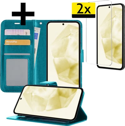 Hoesje - Met 2x Screenprotector - Geschikt voor Samsung Galaxy A35 - Luxe Pasjeshouder - Bookcase Portemonee - Flip Case - Kunstleer Book Case - Flipcase Hoes - Book Cover - Walletcase - Portemonneehoes - Telefoonhoesjes - Turquoise