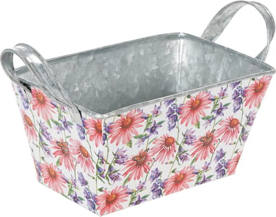 Jardinière bloembak met lentebloemen, metalen decoratie, 20×12,5×10 cm