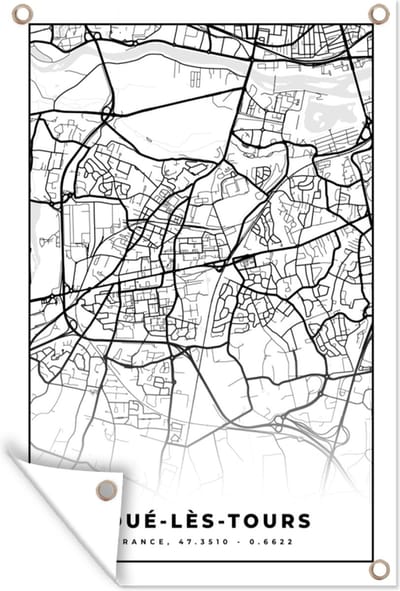 Muurdecoratie Frankrijk - Kaart - Plattegrond - Joué-lès-Tours - Stadskaart - Zwart wit - 120x180 cm - Tuinposter - Tuindoek