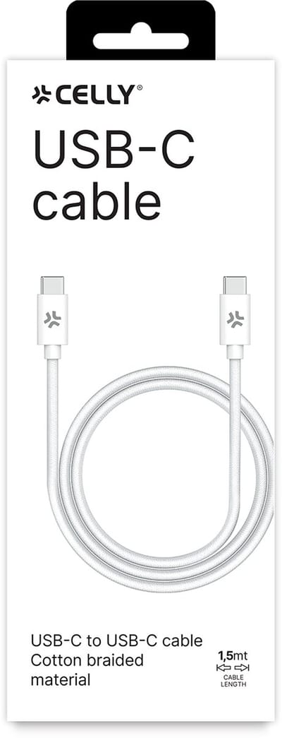 Celly USB-C naar USB-C kabel – Voor Android & iPhone - Katoen Gevlochten – Tot 100 Watt - Duurzaam en stevig - 1,5 meter - Wit