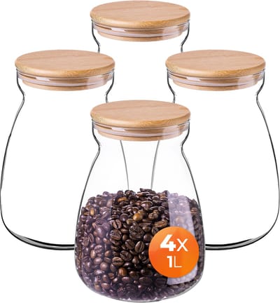 KADAX voorraadpotten 1000ml, set van 4, glazen voorraadpotten, glazen potten met luchtdichte deksels, voorraadpotten voor het bewaren van levensmiddelen
