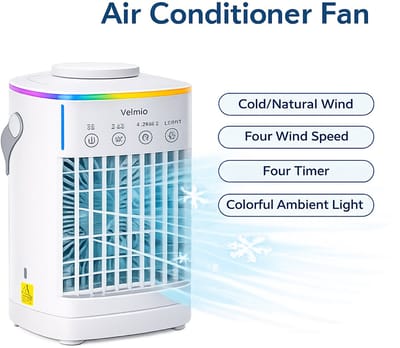 Velmio 4-in-1 Mobiele Airco Zonder Afvoerslang – Koude Luchtblazer - Ventilator - Airconditioning – 700 ml Watertank - Aircooler Met 3 Standen - Sfeerlicht