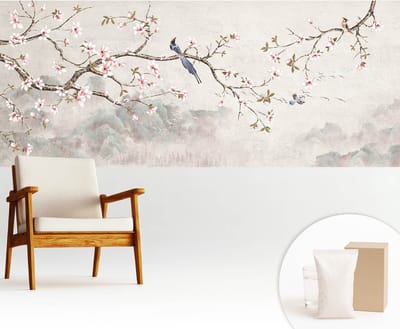 Wallfluent Behang - Oosters landschap Muurbehang - 250x104 cm - Beige Behang - Voor liefhebbers van moderne abstracte kunst - Behang Voor de woonkamer, slaapkamer en kantoor - Behangrol Bloemen en planten