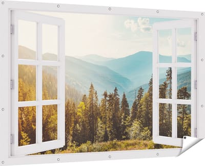 Gards Tuinposter Doorkijk Bos met Bomen in de Hoge Bergen - 180x120 cm - Tuindoek - Tuindecoratie - Wanddecoratie buiten - Tuinschilderij