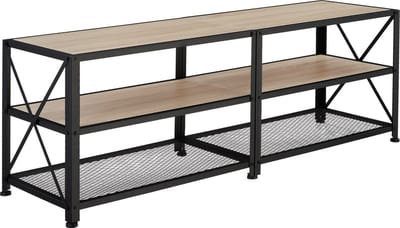 tectake® TV-meubel met open planken - 3 niveaus - Lowboard voor TV's tot 55 inch - Houten TV-dressoir - Industrieel design - Zwart metalen frame - Afmeting (LxBxH) 141 x 41,5 x 50,5 cm - Lichtbruin