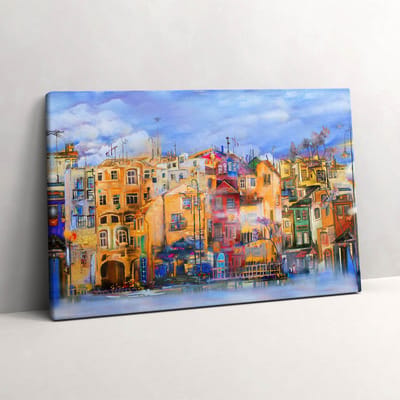 Wallfluent Foto Op Canvas Olieverfschilderij van stadsarchitectuur - 60 x 40 cm - Veelkleurig Schilderij Op Canvas - Steden Foto Canvas - Imitatie van een olieverfschilderij Print Op Doek - Steden Schilderij Canvas