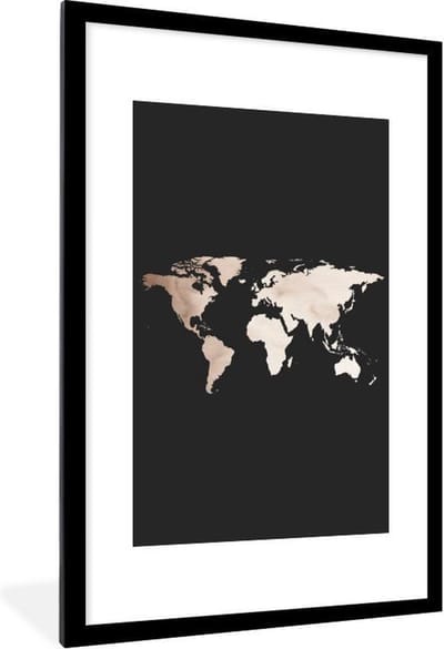 Poster in lijst - Fotolijst 80x120 cm - Posters - Wereldkaart - Waterverf - Bruin - Posterlijst zwart - Decoratie - Wanddecoratie woonkamer - Muurdecoratie slaapkamer