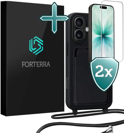 Hoesje Geschikt voor iPhone 17 Pashouder Case Siliconen Hoes Met Koord Met 2x Screenprotector - Hoes Geschikt voor iPhone 17 Met Telefoonkoord Hoesje Back Cover Met Pasjeshouder - Zwart