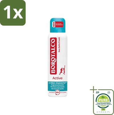 1 x Borotalco - Deodorant Spray - Active - Sea Salts Fresh - 0% Alcohol - 150 ml - Deodorant Spray - Antitranspirant - Zeezout - Frisse Geur - Alcoholvrij