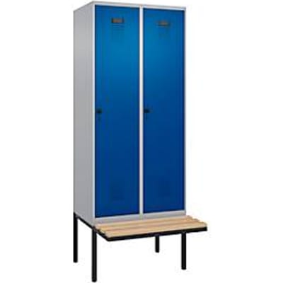 Kleiderspind C+P Evolo Plus, 2 Abteile à 400 mm Breite, schwebende Sitzbank, B 800 x T 815 x H 2120 mm, Drehriegel, weißaluminium/enzianblau
