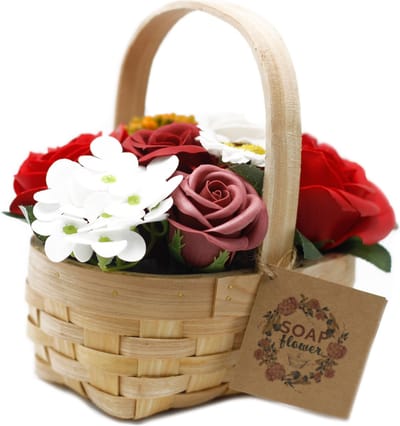 Zeep Bloemen Boeket in Rieten Mand - Rood