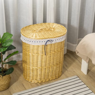 MODFU Wasmand Met Deksel - Uitneembare Binnenzak - Handgevlochten - Voor Slaapkamer En Badkamer - Rattan - Naturel - 51 x 38 x 57 cm