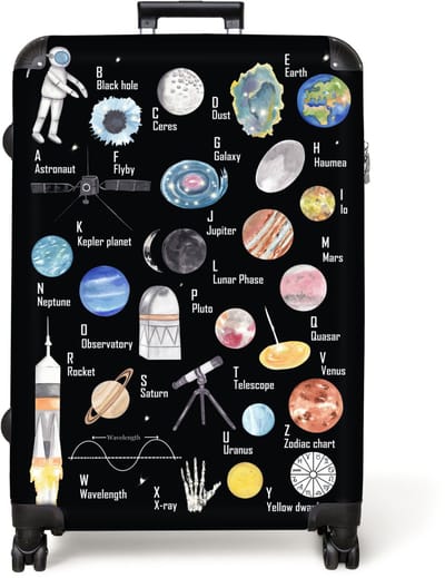 NoBoringSuitcases.com® - Koffer groot - Reiskoffer lichtgewicht - Alfabet - Planeten - Ruimte - Astronaut - Kinderen - Rolkoffer met 4 wielen - Grote trolley XL - 98 liter bagage