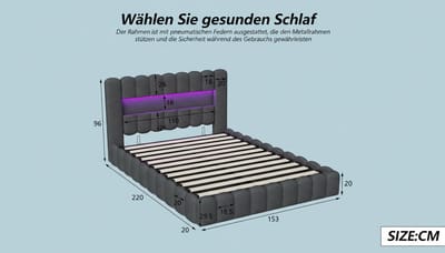 Boxspring 140x200 cm – Casa Velluto LuxSpace gestoffeerd tweepersoonsbed met opbergruimte, RGB LED-verlichting, USB-poorten, pneumatische heffunctie, stabiel metalen frame & lattenbodem – grijs geweven stof “Tree Stump” – modern design slaapkamerbed