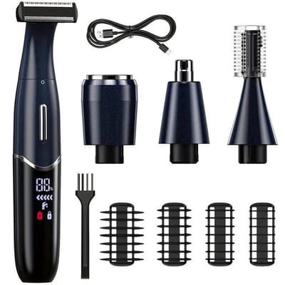 4in1 One-Blade Scheerapparaat - Digitale One-Blade Shaver + 3 Kopstukken voor Gezichtshaar, Hoofdhaar en Lichaamshaar - Perfecte Lichaamshaar Verzorging voor Dames en Heren - Kleur: Kobaltblauw