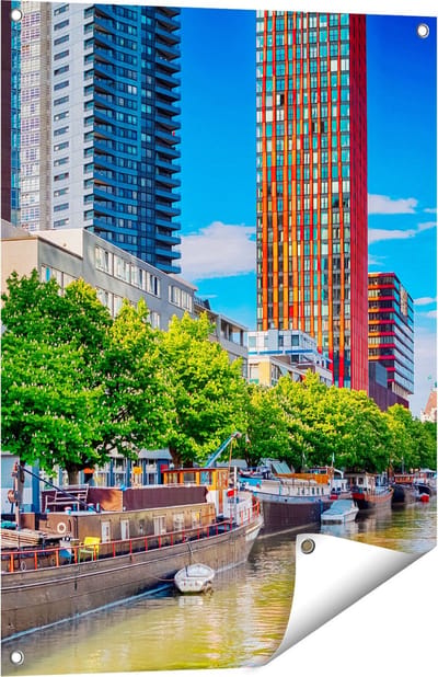 Gards Tuinposter Rotterdamse Gracht met Boten - 60x80 cm - Tuindoek - Tuindecoratie - Wanddecoratie buiten - Tuinschilderij
