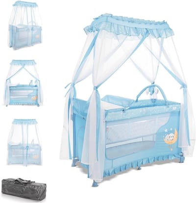 Reisbed - Babybed Box - Veilig Spelen - Dubbel Veiligheidspouwsysteem - 127 x 68 x 72 cm - Lichtblauwe Sterren