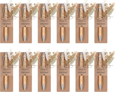 12 Sets Bedankkaarten met Houten Markers, Papieren Penhouders en Gedroogde Bloemen voor Persoonlijke Bedankjes
