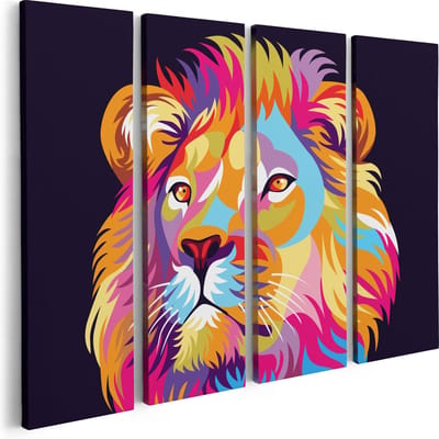 Artaza Canvas Schilderij Vierluik Gekleurde Leeuw - Leeuwenkop - Abstract - 80x60 - Foto Op Canvas - Canvas Print