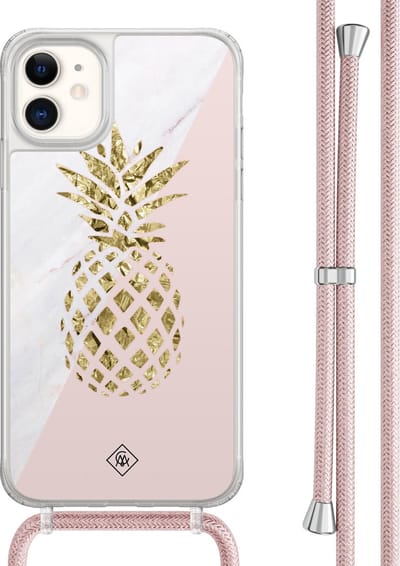Casimoda® hoesje met rosegoud koord - Geschikt voor iPhone 11 - Ananas - Afneembaar koord - TPU/acryl - Roze