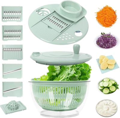 Famanu – Saladcentrifuge, 5 liter slacentrifuge met deksel, saladespinner met 5 messen, kantaandrijving en eigeelscheider, multifunctionele slakom, voor het wassen, drogen en snijden van salade en groenten