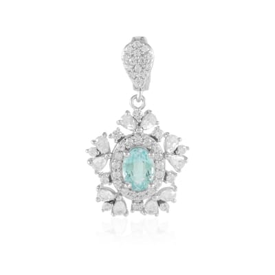 Cavill - Zilveren Hanger Geplatineerd - 0 74 ct Paraiba Kleurige Ovale Smaragd - 925 Sterling Zilver - Elegante Hanger met Cambodjaanse Zirkonen