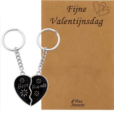 Koppel Sleutelhanger voor 2 'Fijne Valentijnsdag' - Magnetisch Hartje - VERANDERT VAN KLEUR! - Sleutelhanger set op Cadeau Kaartje - Zilverkleurig - Vriendschap of Relatie Symbool - Pax Amare