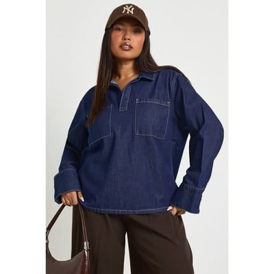 boohoo Dames Plus Denim Rugby Shirt met Kraag | Indigo | Maat: 16
