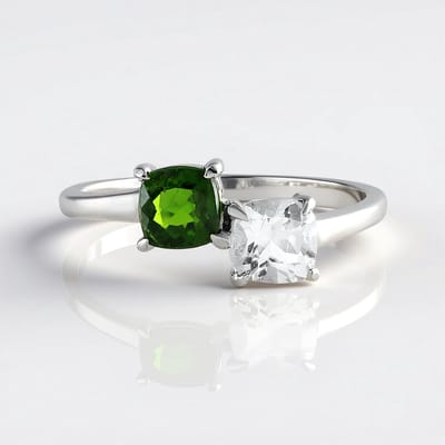 Cavill - Zilveren Ring 925 Sterling - Russische Diopsied 0,456 ct & Witte Kwarts 0,561 ct - Modern Antiek Kussen Geslepen Groen Wit